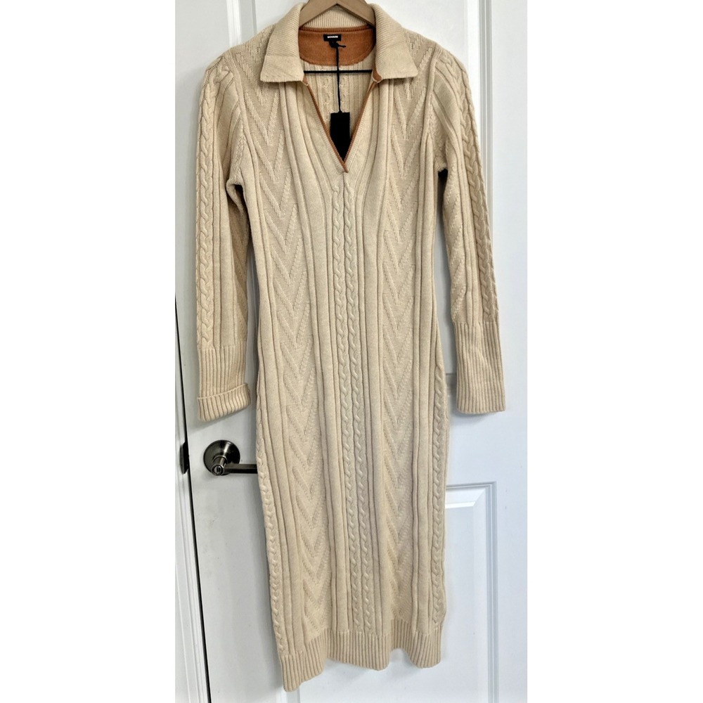 MONROW Women Size Medium Cable Knit Wool Blend Sweater Polo Dress Tan - Picture 5 of 15
